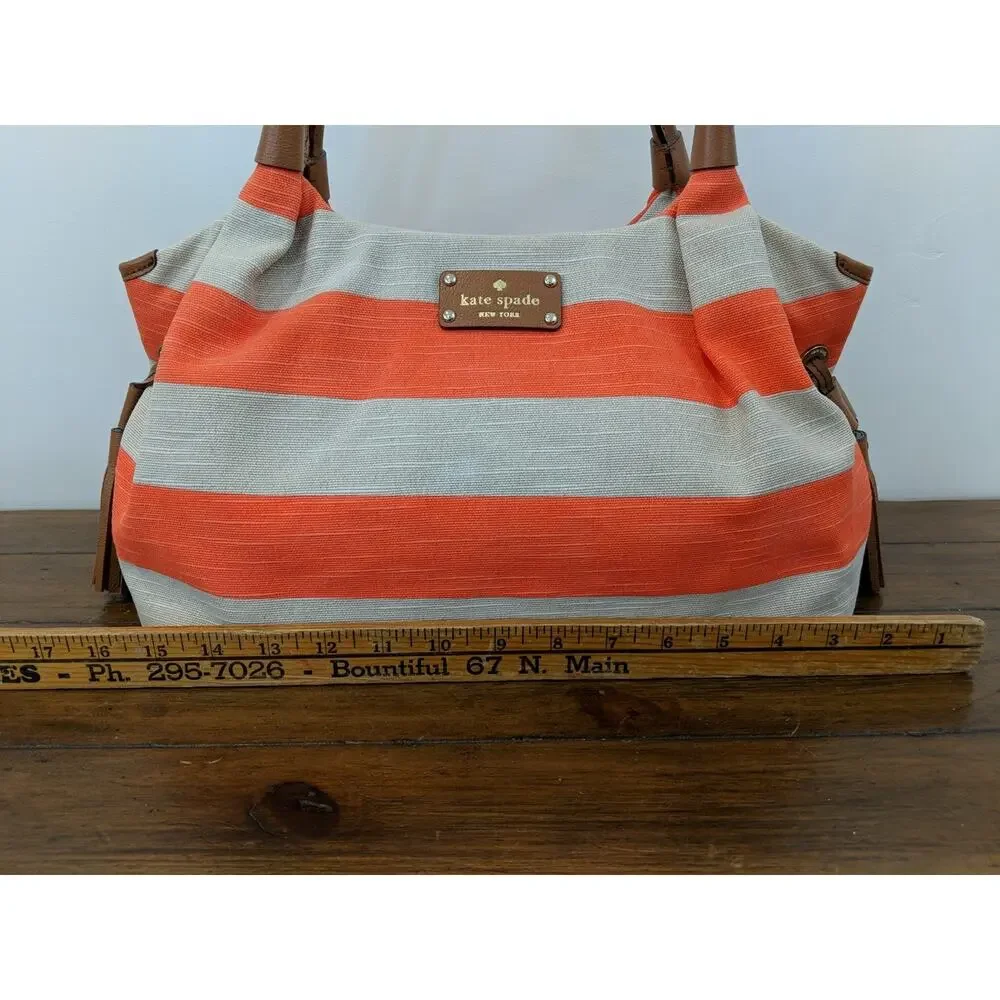 Kate Spade Jubilee Stripe Stevie Shoulder Bag Orange/Khaki Canvas EUC